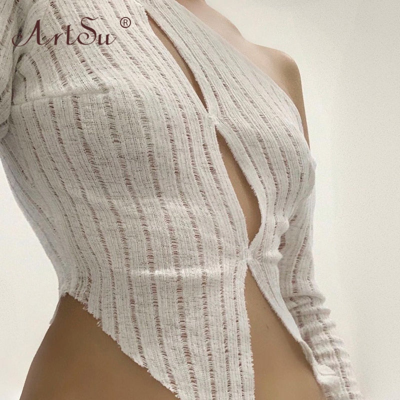 ArtSu White Solid Hollow Out Knitted Ladies Shirts Skew Collar Button Up Womens Crop Tops Long Sleeve Autumn Tees T-Shirt Femme