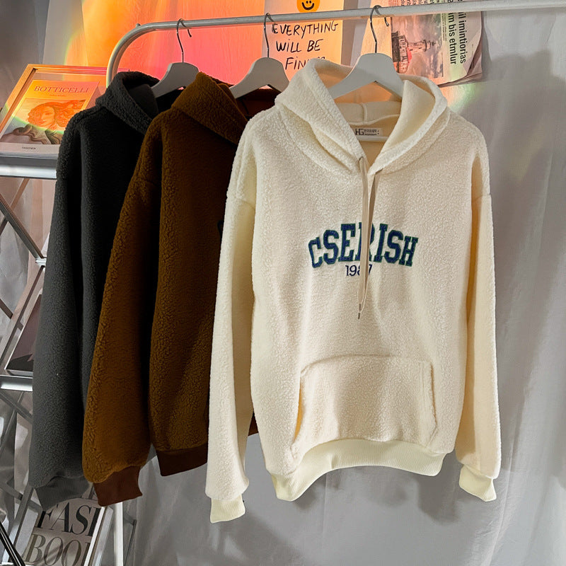 Spring and Autumn Ins Thickened Lamb Fleece Sweater Mens Embroidery Plush Japanese Loose Korean Fashion Brand Coat