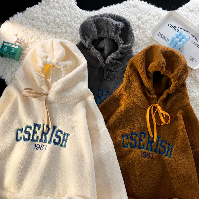 Spring and Autumn Ins Thickened Lamb Fleece Sweater Mens Embroidery Plush Japanese Loose Korean Fashion Brand Coat