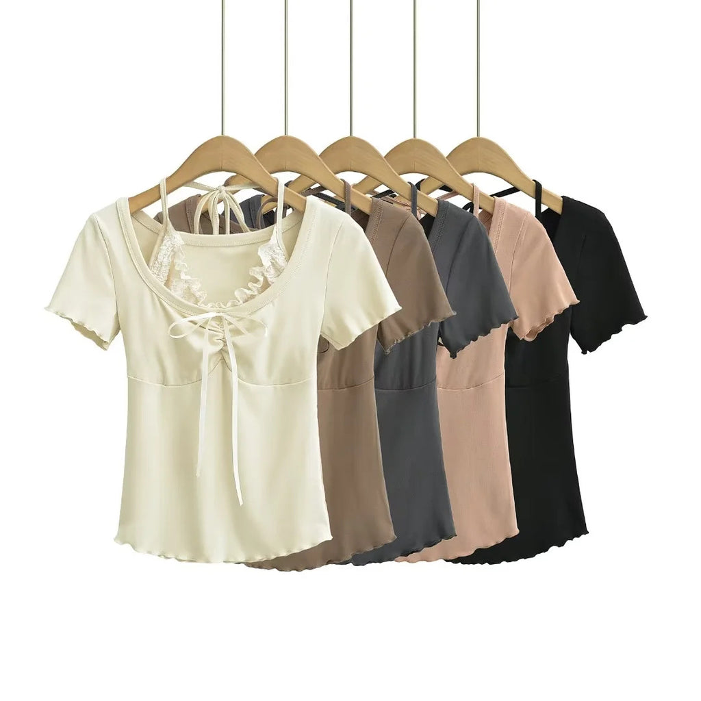Fake two neck hanging T-shirts for women