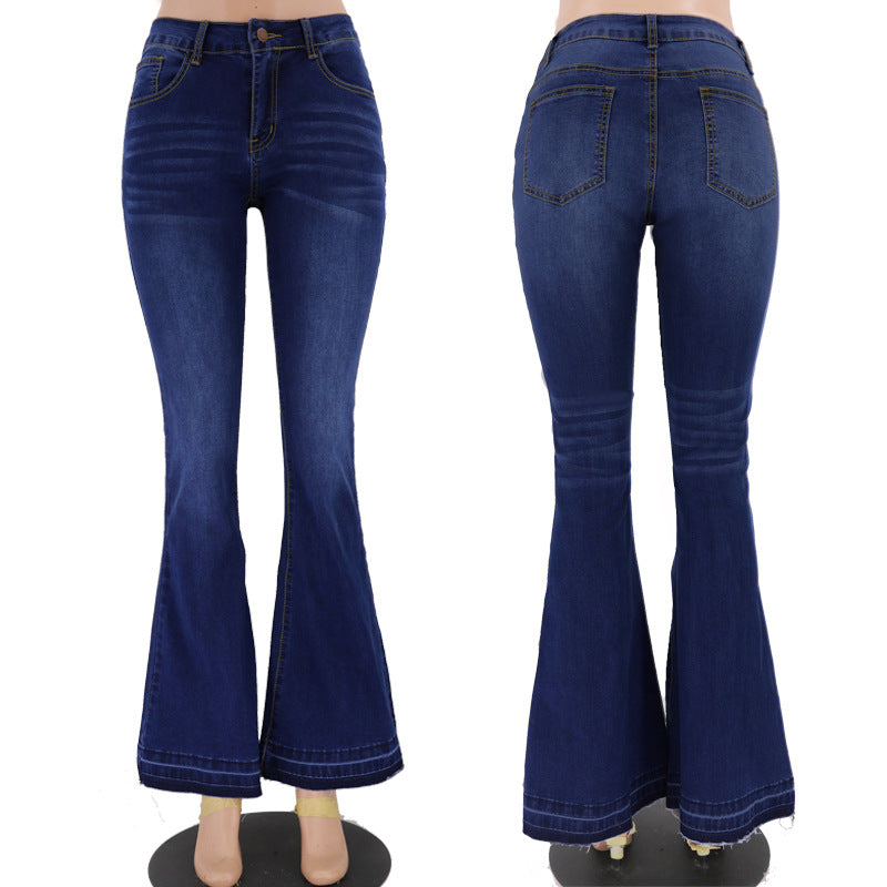 Spring and autumn low waisted tight fitting women's flared jeans, moderately washed women's jeans