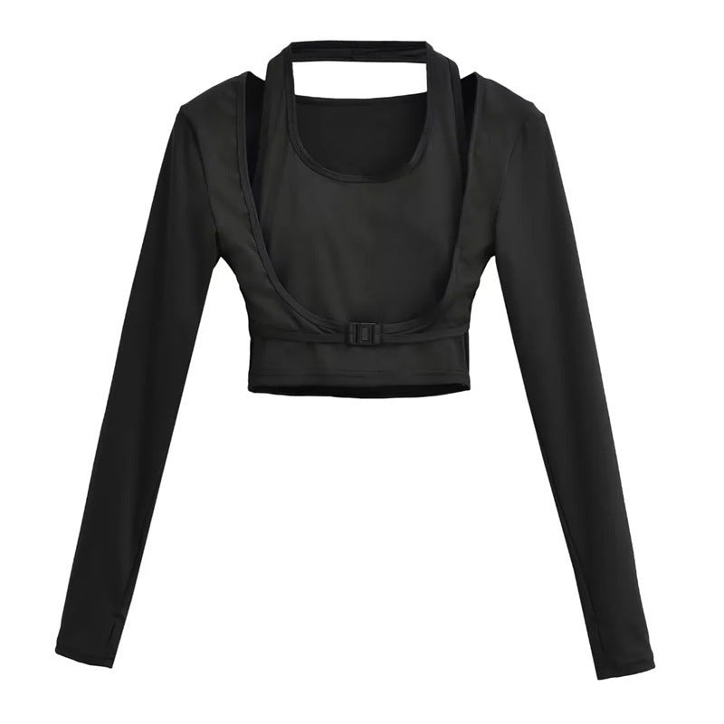 Hanging neck fake two tops