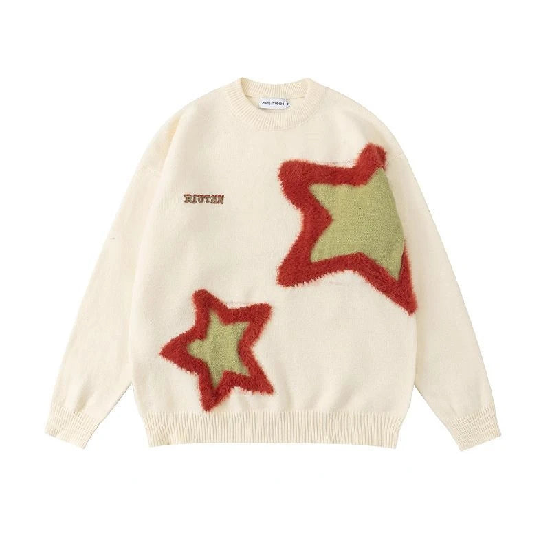 Star Flocked Couple Sweater Oversized Pullover Long Sleeved Thickened Mens Womens Loose Versatile Casual Sweaters