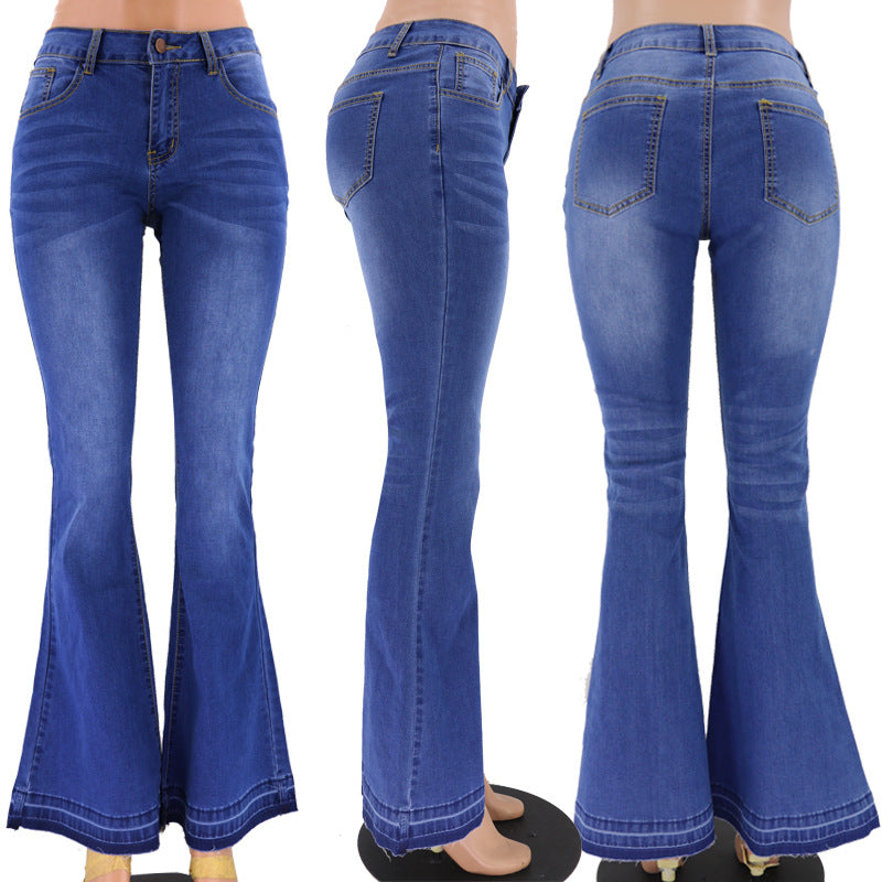 Spring and autumn low waisted tight fitting women's flared jeans, moderately washed women's jeans