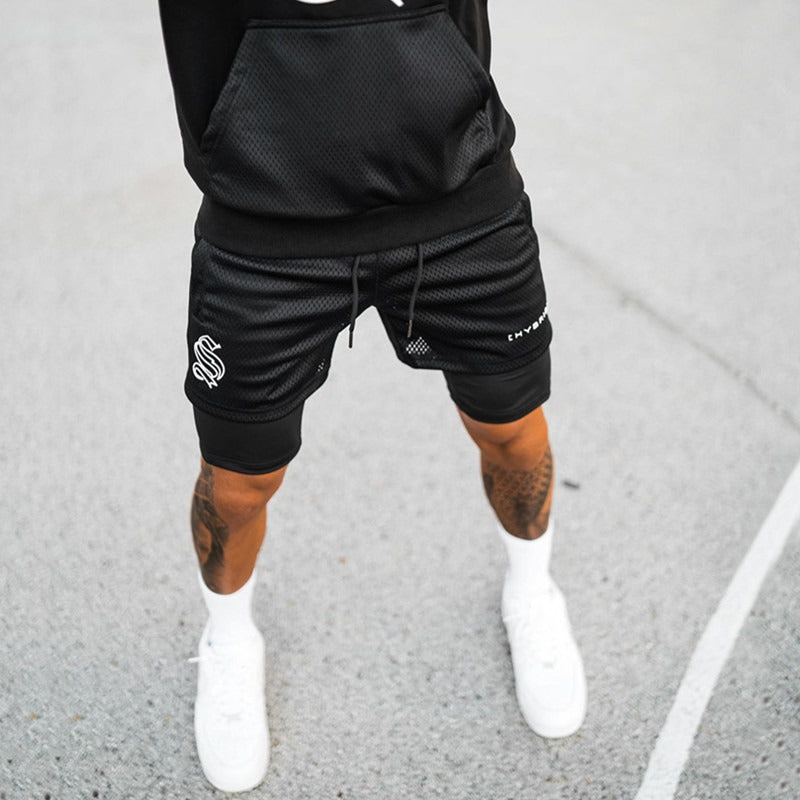 European and American Trendy Sports Double Layer Shorts For Mens Training Fake Two Piece Basketball Running Fitness Capris