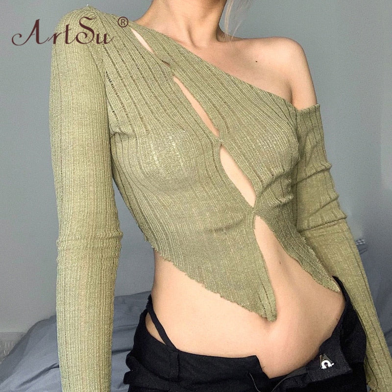 ArtSu White Solid Hollow Out Knitted Ladies Shirts Skew Collar Button Up Womens Crop Tops Long Sleeve Autumn Tees T-Shirt Femme