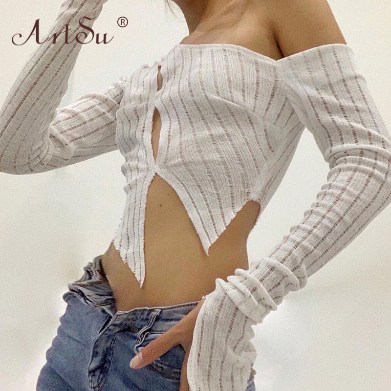 ArtSu White Solid Hollow Out Knitted Ladies Shirts Skew Collar Button Up Womens Crop Tops Long Sleeve Autumn Tees T-Shirt Femme