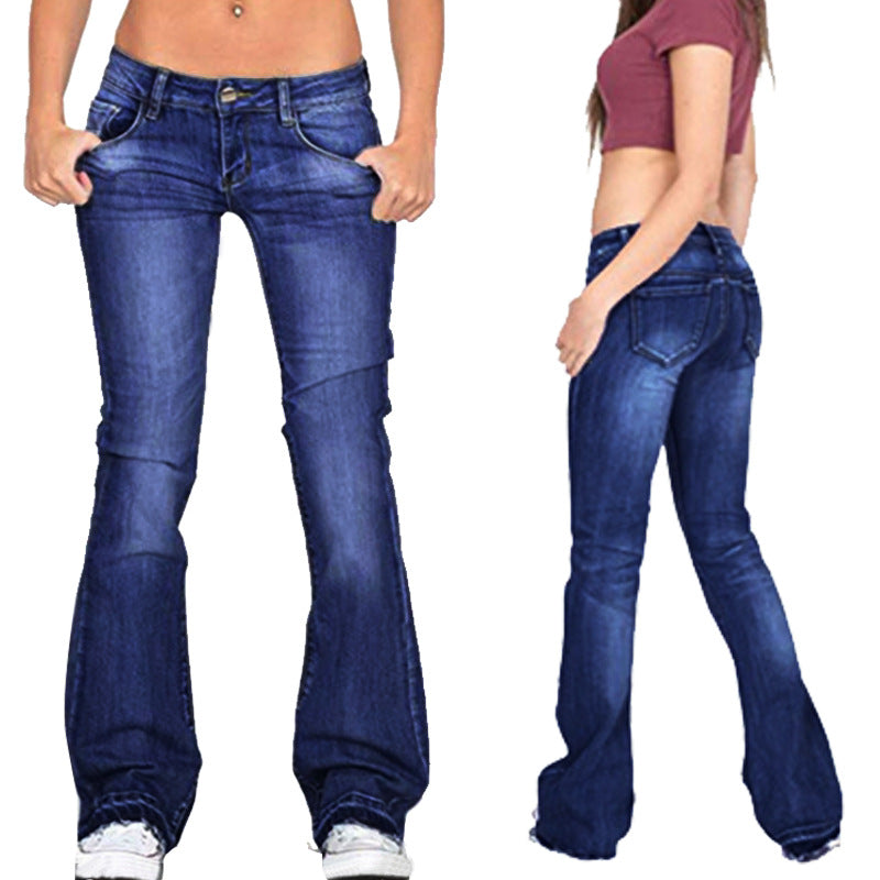 Spring and autumn low waisted tight fitting women's flared jeans, moderately washed women's jeans