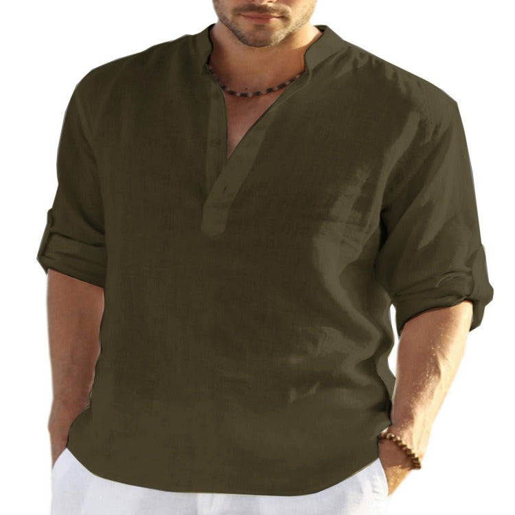 Mens Linen Long Sleeved T Shirt Loose Sweatshirt Solid Color Long Sleeved Cotton Linen Shirt Mens Large