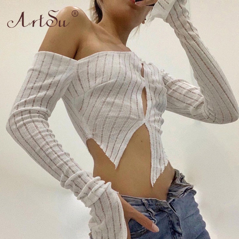 ArtSu White Solid Hollow Out Knitted Ladies Shirts Skew Collar Button Up Womens Crop Tops Long Sleeve Autumn Tees T-Shirt Femme
