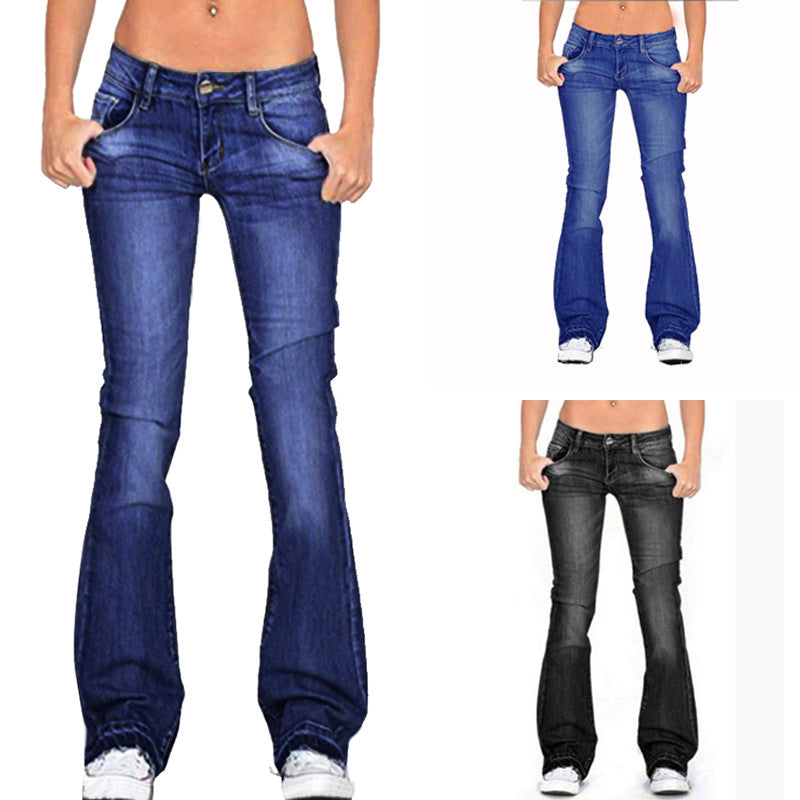 Spring and autumn low waisted tight fitting women's flared jeans, moderately washed women's jeans