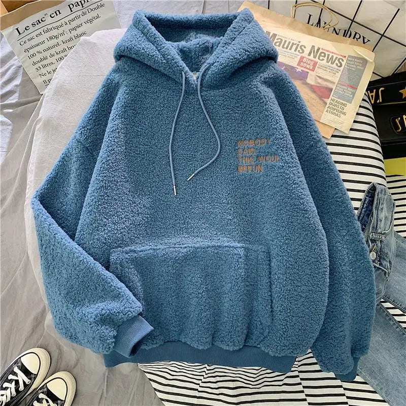 Loose Pocket Hoodies Womens Fleece Flannel Pullover Female Sweatshirt